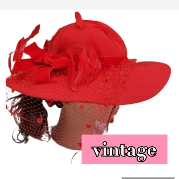 Vintage Accessories - Vintage Red Felted  veil‎ hat